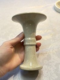 A Chinese Ge-ware archaistic 'Gu' vase, a white-glazed anhua-decorated ink stone and a yellow-ground bowl, 20th C.