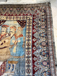 An exceptional and large embroidered silk 'Shahnameh' carpet, signed Musa Baft Tabriz, Tabriz, Iran, 20th C.