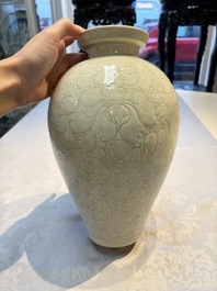 A Chinese qingbai 'Meiping' vase with incised floral design, Yuan or later