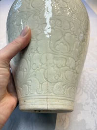 A Chinese qingbai 'Meiping' vase with incised floral design, Yuan or later