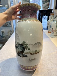 A Chinese famille rose 'Landscape' vase, Qianlong mark, 20th C.