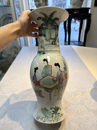 Two Chinese famille rose 'Elegant Beauties' vases, one with a Guan Yao Nei Zao 官窯內造 mark, signed Luo Su Shi 羅宿氏 and dated 1931, the other 19th C.