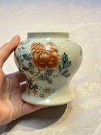 A pair of Chinese famille verte covered jars, a Tieguai Li figure, a blue and white teapot and a biscuit saucer, Kangxi and Qing Yu Tang mark, 19th C.