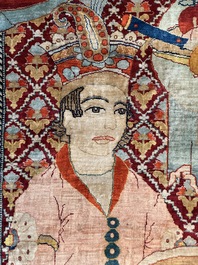 An exceptional and large embroidered silk 'Shahnameh' carpet, signed Musa Baft Tabriz, Tabriz, Iran, 20th C.