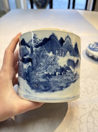 A Chinese blue and white square bitong, a 'Dragon' censer, a covered box, a vase and a paperweight, Guangxu mark, 18/19th C.