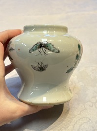 A pair of Chinese famille verte covered jars, a Tieguai Li figure, a blue and white teapot and a biscuit saucer, Kangxi and Qing Yu Tang mark, 19th C.