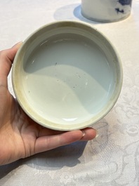 A Chinese blue and white square bitong, a 'Dragon' censer, a covered box, a vase and a paperweight, Guangxu mark, 18/19th C.