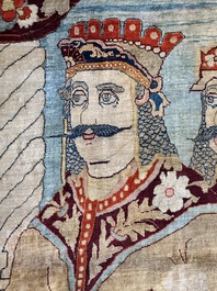 An exceptional and large embroidered silk 'Shahnameh' carpet, signed Musa Baft Tabriz, Tabriz, Iran, 20th C.