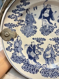 Three Chinese blue, white and Imari-style plates, Xuande and Zhi mark, Kangxi and later