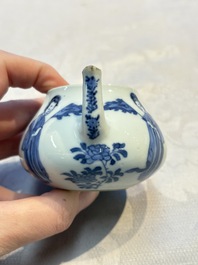 A pair of Chinese famille verte covered jars, a Tieguai Li figure, a blue and white teapot and a biscuit saucer, Kangxi and Qing Yu Tang mark, 19th C.