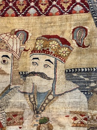 An exceptional and large embroidered silk 'Shahnameh' carpet, signed Musa Baft Tabriz, Tabriz, Iran, 20th C.