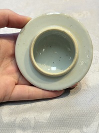 A pair of Chinese famille verte covered jars, a Tieguai Li figure, a blue and white teapot and a biscuit saucer, Kangxi and Qing Yu Tang mark, 19th C.