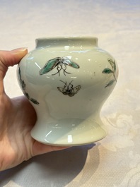 A pair of Chinese famille verte covered jars, a Tieguai Li figure, a blue and white teapot and a biscuit saucer, Kangxi and Qing Yu Tang mark, 19th C.