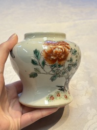 A pair of Chinese famille verte covered jars, a Tieguai Li figure, a blue and white teapot and a biscuit saucer, Kangxi and Qing Yu Tang mark, 19th C.