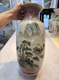 A Chinese famille rose 'Landscape' vase, Qianlong mark, 20th C.