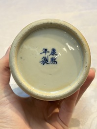 A pair of Chinese famille verte covered jars, a Tieguai Li figure, a blue and white teapot and a biscuit saucer, Kangxi and Qing Yu Tang mark, 19th C.
