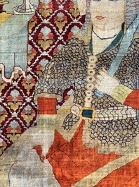 An exceptional and large embroidered silk 'Shahnameh' carpet, signed Musa Baft Tabriz, Tabriz, Iran, 20th C.