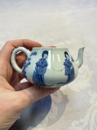 A pair of Chinese famille verte covered jars, a Tieguai Li figure, a blue and white teapot and a biscuit saucer, Kangxi and Qing Yu Tang mark, 19th C.