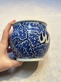 A Chinese blue and white square bitong, a 'Dragon' censer, a covered box, a vase and a paperweight, Guangxu mark, 18/19th C.