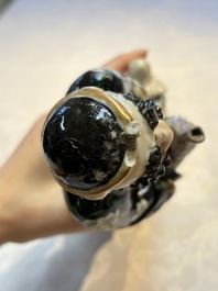 A pair of Chinese famille verte covered jars, a Tieguai Li figure, a blue and white teapot and a biscuit saucer, Kangxi and Qing Yu Tang mark, 19th C.