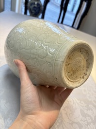A Chinese qingbai 'Meiping' vase with incised floral design, Yuan or later