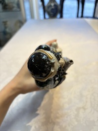 A pair of Chinese famille verte covered jars, a Tieguai Li figure, a blue and white teapot and a biscuit saucer, Kangxi and Qing Yu Tang mark, 19th C.