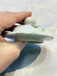 A pair of Chinese famille verte covered jars, a Tieguai Li figure, a blue and white teapot and a biscuit saucer, Kangxi and Qing Yu Tang mark, 19th C.