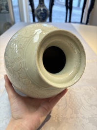 A Chinese qingbai 'Meiping' vase with incised floral design, Yuan or later