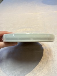 A Chinese Ge-ware archaistic 'Gu' vase, a white-glazed anhua-decorated ink stone and a yellow-ground bowl, 20th C.