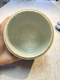 A Chinese blue and white square bitong, a 'Dragon' censer, a covered box, a vase and a paperweight, Guangxu mark, 18/19th C.