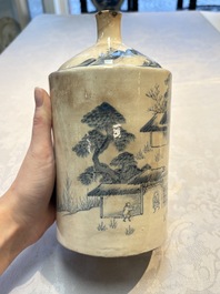 A Japanese blue and white Arita square flask and a Tangen-style bottle, 'Tokkuri', 19/20th C.