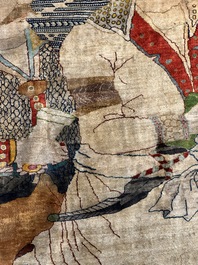 An exceptional and large embroidered silk 'Shahnameh' carpet, signed Musa Baft Tabriz, Tabriz, Iran, 20th C.