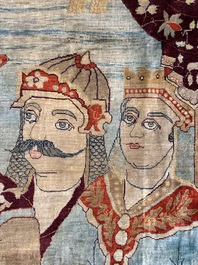 An exceptional and large embroidered silk 'Shahnameh' carpet, signed Musa Baft Tabriz, Tabriz, Iran, 20th C.