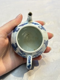 A pair of Chinese famille verte covered jars, a Tieguai Li figure, a blue and white teapot and a biscuit saucer, Kangxi and Qing Yu Tang mark, 19th C.