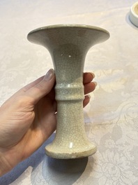 A Chinese Ge-ware archaistic 'Gu' vase, a white-glazed anhua-decorated ink stone and a yellow-ground bowl, 20th C.