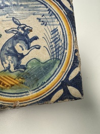 A polychrome Dutch Delft maiolica 'Rabbit' medallion tile, 16th C.