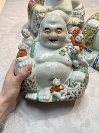 Three Chinese famille rose Milefo Buddhas, Zhu Mao Ji 朱茂記造 marks, 20th C.