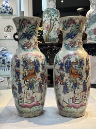 A pair of Chinese Nanking famille rose vases with narrative design, Chenghua mark, 19th C.