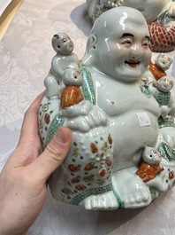 Three Chinese famille rose Milefo Buddhas, Zhu Mao Ji 朱茂記造 marks, 20th C.