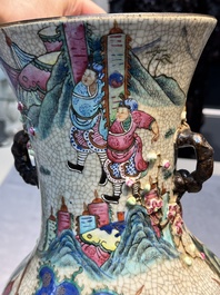 A pair of Chinese Nanking famille rose vases with narrative design, Chenghua mark, 19th C.