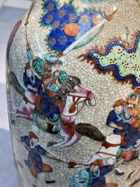 A pair of Chinese Nanking famille rose vases with narrative design, Chenghua mark, 19th C.