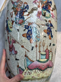 A pair of Chinese Nanking famille rose vases with narrative design, Chenghua mark, 19th C.