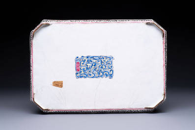 An extremely rare Chinese Canton enamel rectangular 'Eight Immortals' dish, signed Huan Ju 焕琚, Yongzheng