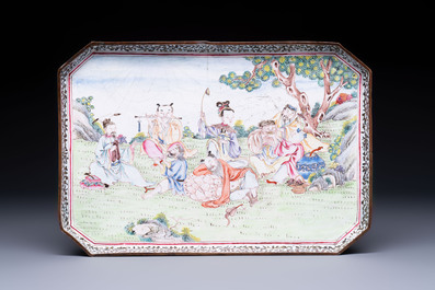 An extremely rare Chinese Canton enamel rectangular 'Eight Immortals' dish, signed Huan Ju 焕琚, Yongzheng