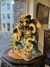 A pair of large Chinese polychrome-glazed Shiwan stoneware Buddhist lions, 19th C.