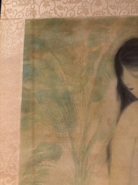 Attributed to Nguyen Gia Tri (1908-1993): 'Bather', ink and watercolour on silk, Tien Sa, dated 1st Jan. 1974