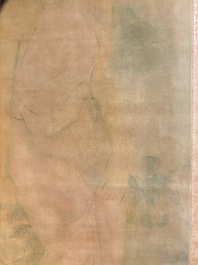 Attributed to Nguyen Gia Tri (1908-1993): 'Bather', ink and watercolour on silk, Tien Sa, dated 1st Jan. 1974