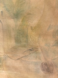 Attributed to Nguyen Gia Tri (1908-1993): 'Bather', ink and watercolour on silk, Tien Sa, dated 1st Jan. 1974