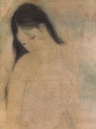 Attributed to Nguyen Gia Tri (1908-1993): 'Bather', ink and watercolour on silk, Tien Sa, dated 1st Jan. 1974