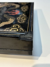 A set of eight Chinese 'Yu Zhi Min Sheng Zai Qin Shi 御製民生在勤詩' ink cakes with a gilt-lacquered 'dragon' box, Hu Kaiwen 胡開文 mark, 20th C.